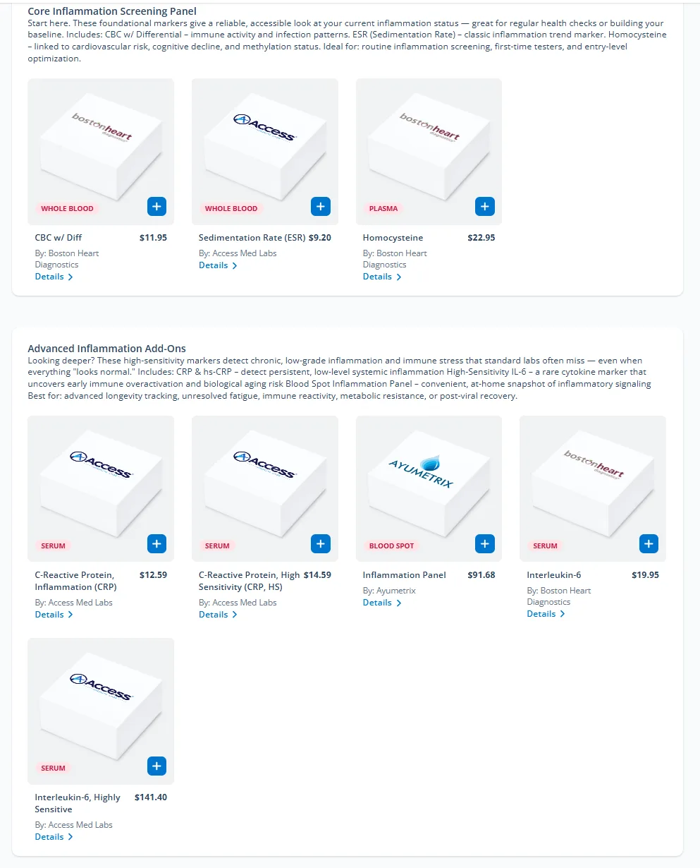 Deep inflammation lab test options including IL-6, hs-CRP, high-sensitivity interleukin-6, and CRP tests for early inflammation and longevity optimization