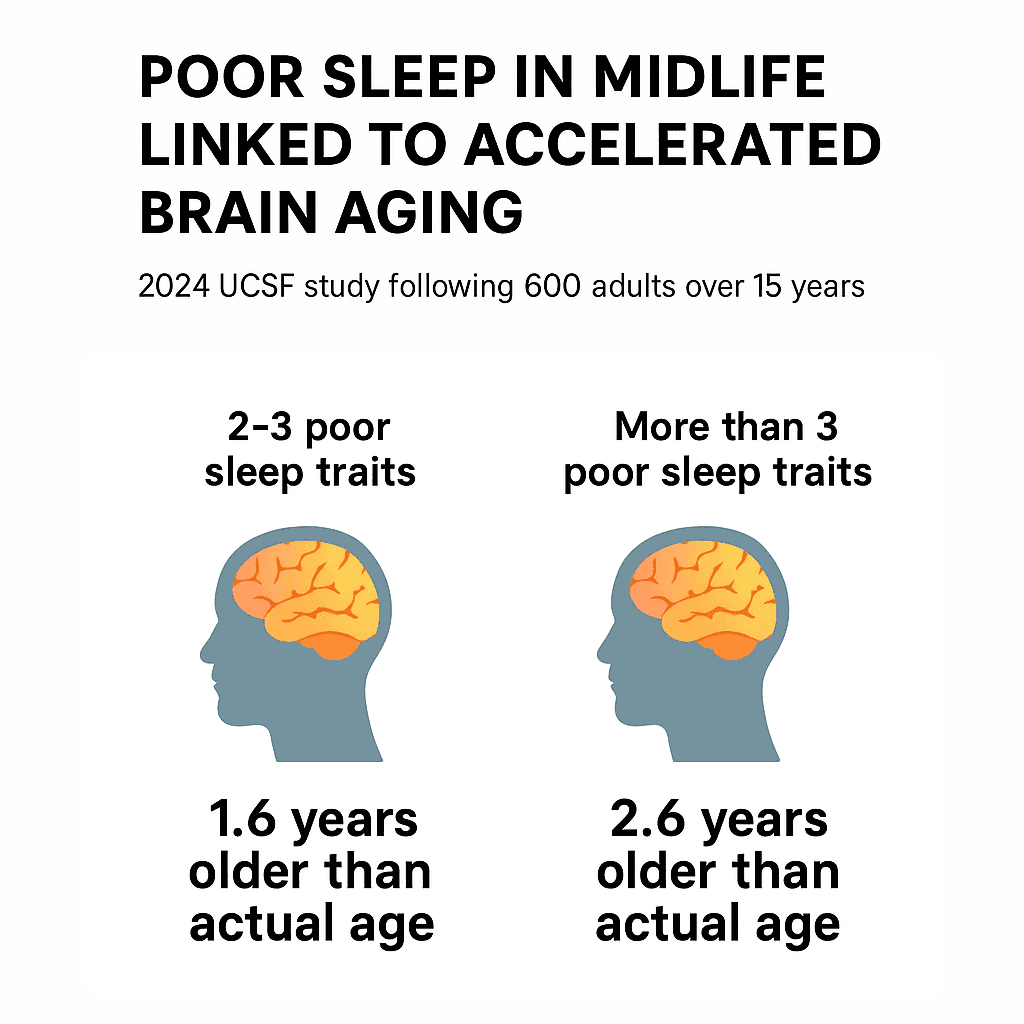 longevity vault brain shrinkage sleep fragmentation study Infographic showing how poor sleep traits in midlife accelerate brain aging, linked to brain shrinkage.