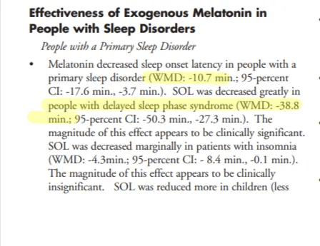 longevity vault melatonin effectiveness sleep disorders Highlighted text describing melatonin’s benefits for delayed sleep phase syndrome