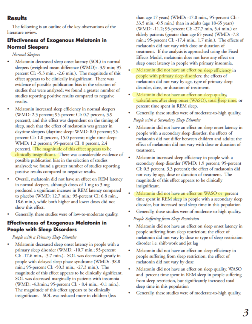 longevity vault melatonin sleep fragmentation outcomes Screenshot of study findings stating taking melatonin for sleep does not reduce sleep fragmentation