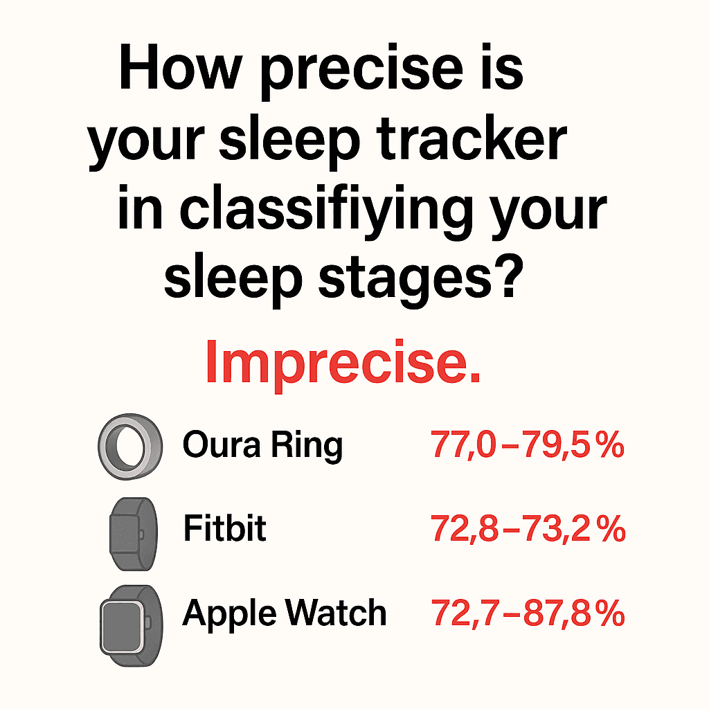 sleep tracker stage precision comparison Comparison of sleep tracker accuracy ranges for Oura Ring, Fitbit, and Apple Watch in classifying sleep stages.
