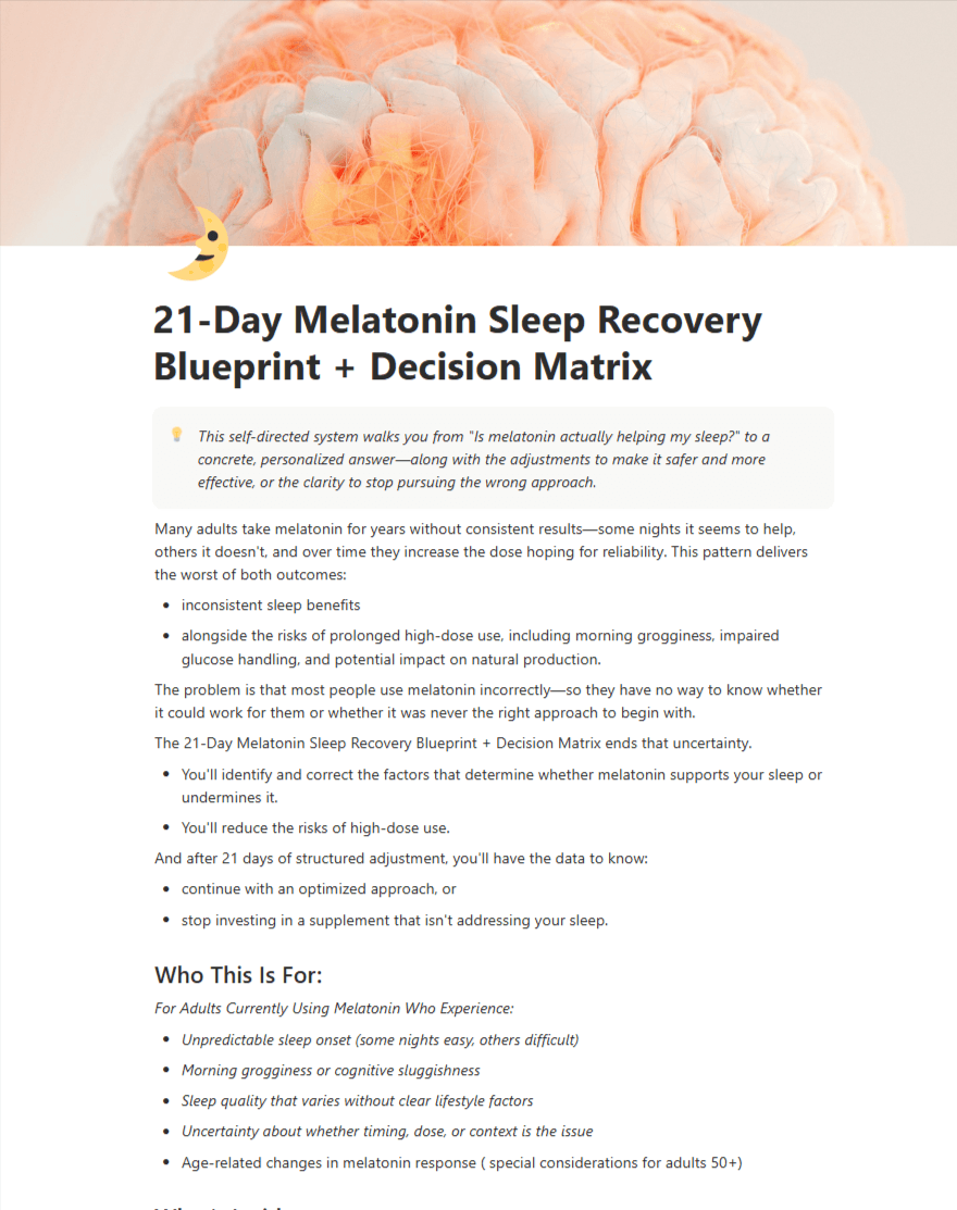 21 Day Melatonin Sleep Recovery Blueprint Decision 21-Day Melatonin Sleep Recovery Blueprint + Decision MatrixMelatonin not working for your sleep? Learn how timing, dose, meals, meds, and age interact—and apply 5 safe adjustments to support deeper, steadier rest.