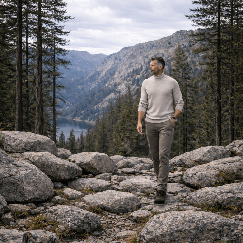 Instead, invest in a foundational system that adapts to your physiology as you age. Man in his 50s walking on rocky forest trail above a mountain lake, calm and alert