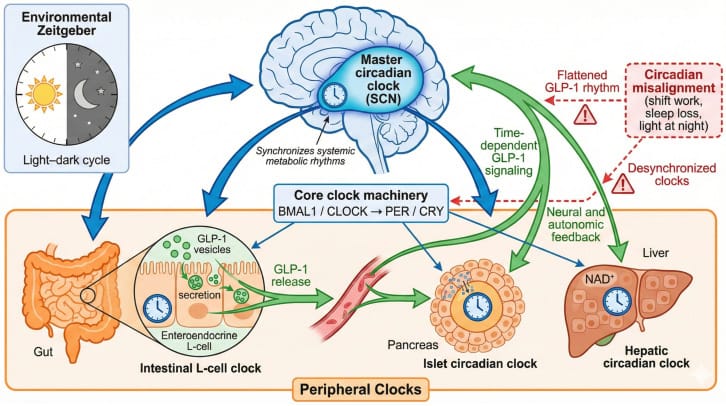 Circadian regulation of GLP-1 secretion and systemic action